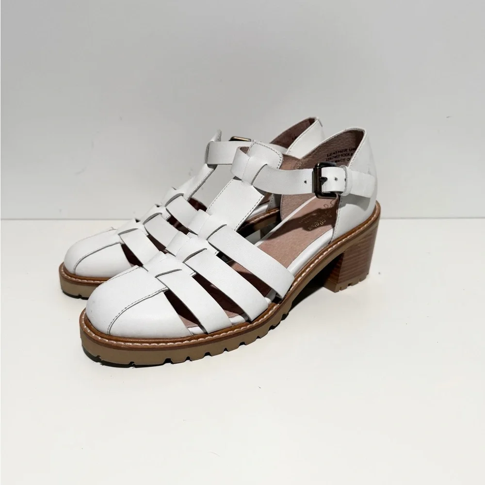 Seychelles Social Butterfly Women's Tan White Strappy Block‎ Heel Sandals